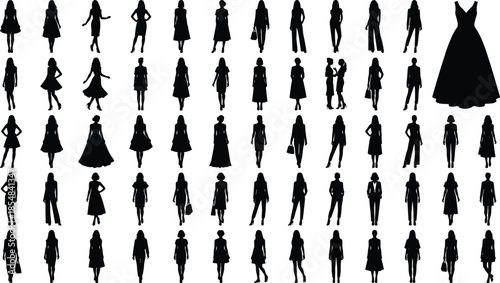 Women fashion silhouette vector collection showing elegant female poses dresses outfits accessories isolated black figures illustration design lifestyle style