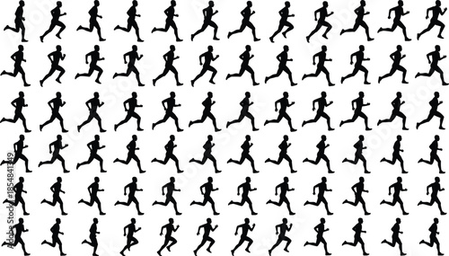 Running man silhouette vector sequence showing continuous sprint jogging motion isolated black athlete figures collection illustration design sport action