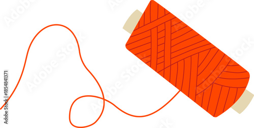 Wooden spool with red sewing thread. Hand drawn flat vector illustration of tailor equipment and needlework tools.