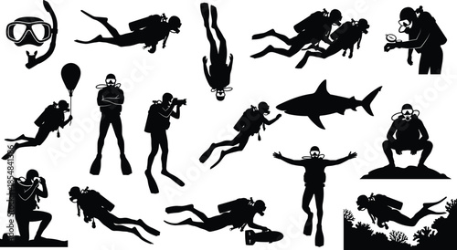 Scuba diving silhouette vector set showing underwater divers equipment marine exploration poses isolated black figures illustration design adventure ocean sport
