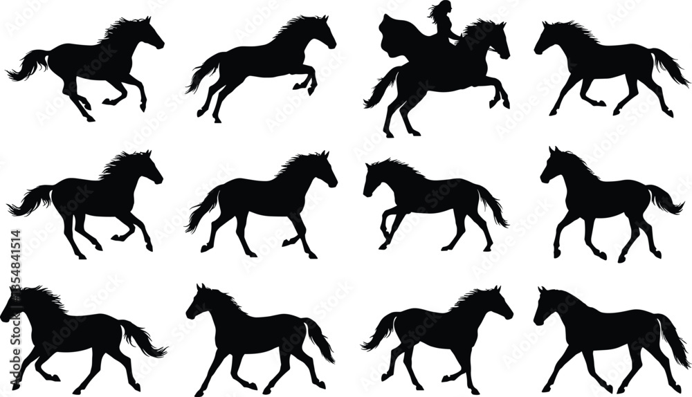 Obraz premium Running horse silhouette vector set featuring galloping equestrian poses wild stallions rider isolated black animals illustration design motion art collection