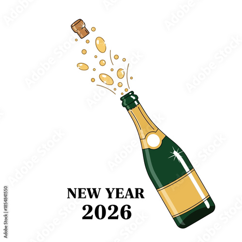 A champagne bottle popping its cork with bubbles, celebrating New Year 2026.