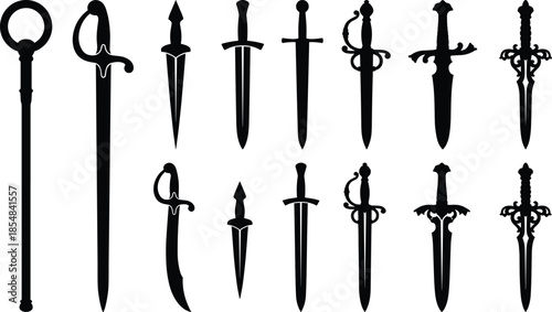 Ancient dagger and sword silhouette vector set displaying historical blades hilts weapons isolated black medieval icons illustration design collection