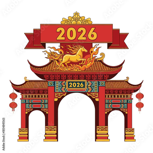 A vibrant red and gold traditional Chinese gate with a golden horse and "2026" banners, symbolizing the Year of the Fire Horse.