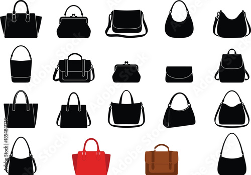 Handbag silhouette vector collection showcasing purses totes clutches backpacks styles isolated black fashion accessories illustration design modern retail catalog set