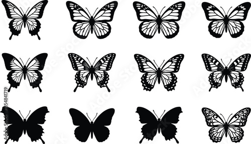 Butterfly silhouette vector collection featuring detailed wings insects nature symbols isolated black decorative shapes illustration design art bundle
