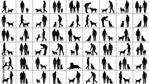 People with dogs silhouette vector collection showing walking training playing family activities isolated black human pet figures illustration design lifestyle