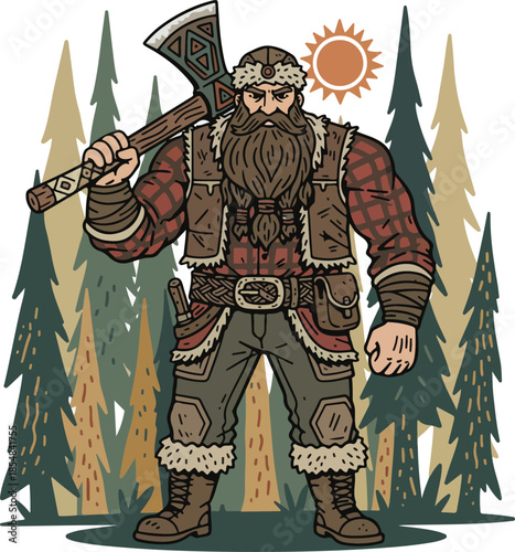 Illustration of a rugged lumberjack with an axe.
