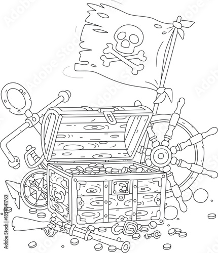 Open treasure chest full of gold coins, an old wooden helm with a marine compass and a rusty anchor with a black pirate flag from a sunken filibuster sailboat, vector cartoon illustration