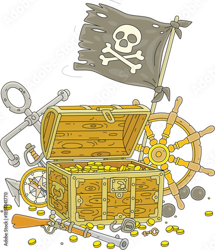 Open treasure chest full of gold coins, an old wooden helm with a marine compass and a rusty anchor with a black pirate flag from a sunken filibuster sailboat, vector cartoon illustration on white