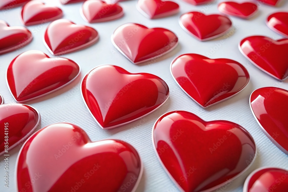 Fototapeta premium Heart-Shaped Sticky Labels: Red Adhesive Notes Isolated on White Background for Valentine's Day Crafts & Packaging
