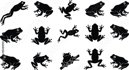 Black frog silhouette collection showing multiple poses jumping sitting climbing isolated on white background vector illustration set for stock design