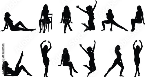 Black female silhouette collection showing women dancing sitting jumping posing isolated on white background vector illustration set for stock design