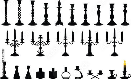 Black candle holder silhouette collection featuring classic vintage modern candelabra candlestick designs isolated on white background vector illustration set