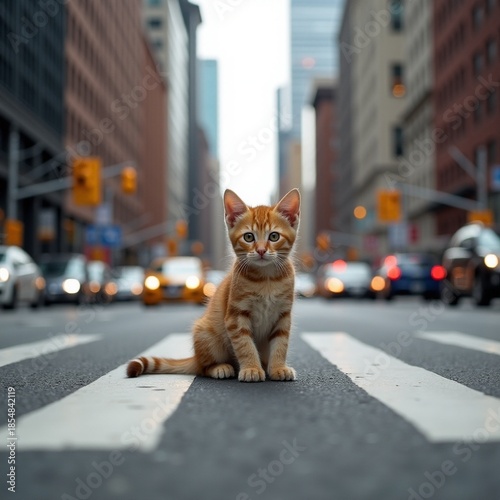 AI generated Small ginger pet observes street scene with attentive curiosity during sunset