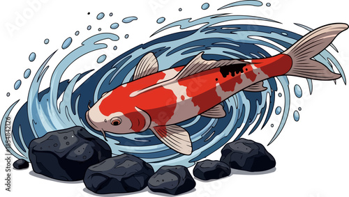 crimson surge kois graceful ascent, a symbol of resilience and fortune, vector isolated on transparent background