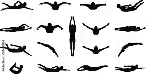 Black swimmer silhouette collection featuring professional swimming poses diving freestyle butterfly strokes isolated on white background vector illustration set