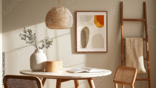 Cozy Dining Nook with Abstract Art and Natural Light.