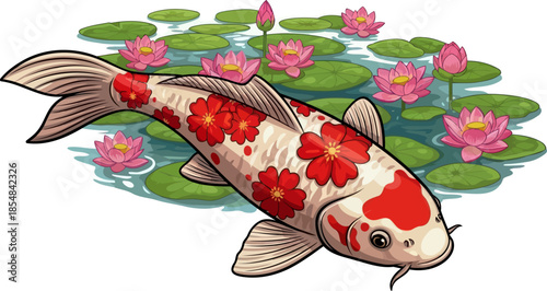 flowering fortune koi spirit unfolds in a garden of tranquil water lilies, vector isolated on transparent background