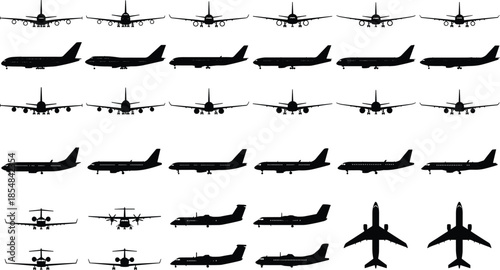 Black airplane silhouette collection featuring commercial passenger jets cargo aircraft multiple angles isolated on white background vector illustration set