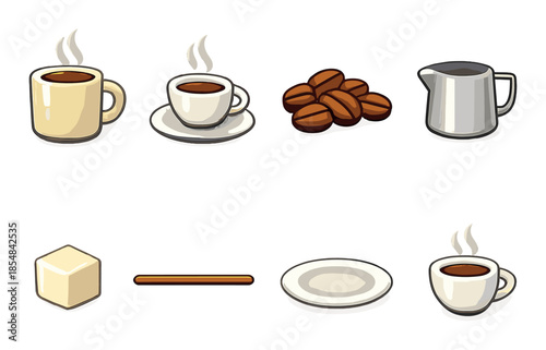 Coffee icons: cups, beans, sugar, milk jug, plate with warm beverage illustrations