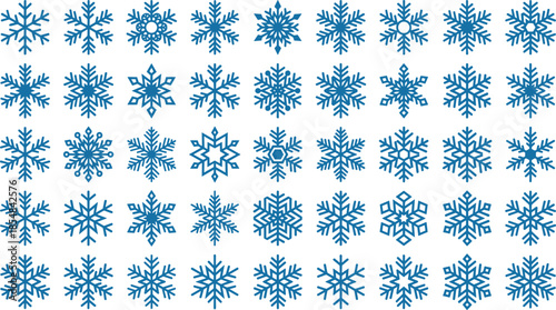 Blue snowflake vector collection featuring winter ice crystal icons decorative patterns isolated on white background for holiday seasonal design use