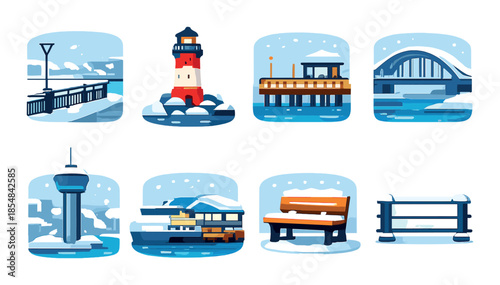Winter scenes with lighthouse, bridge, and snow-covered landmarks