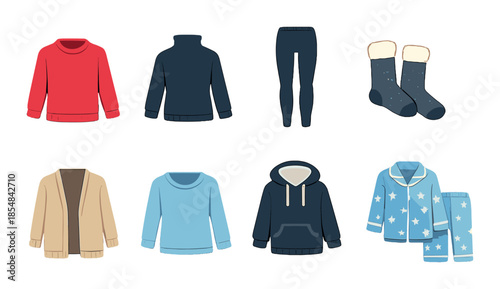Variety of cozy winter clothing illustrated in different styles and colors