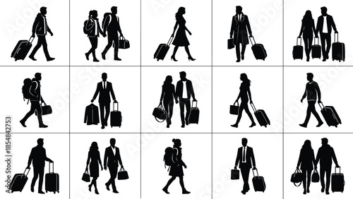 Black travel silhouette collection featuring business travelers tourists walking with luggage at airport isolated on white background vector illustration set