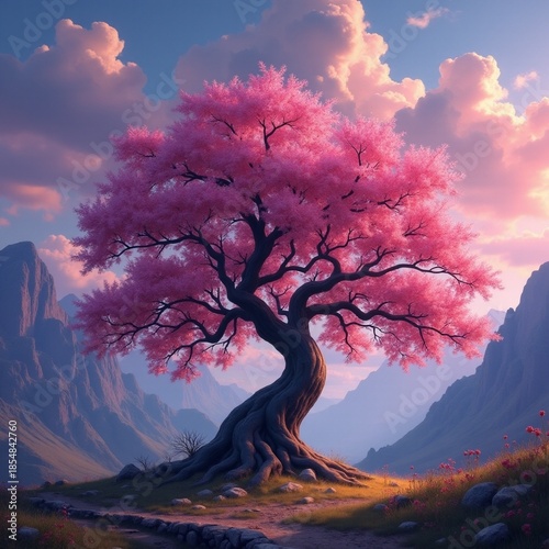 AI generated Serene twilight with blooming tree, Gentle evening glow over vibrant garden