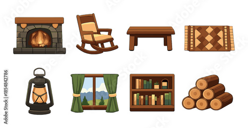 Cozy cabin essentials collection – fireplace, rocking chair, lantern, bookshelf, and more