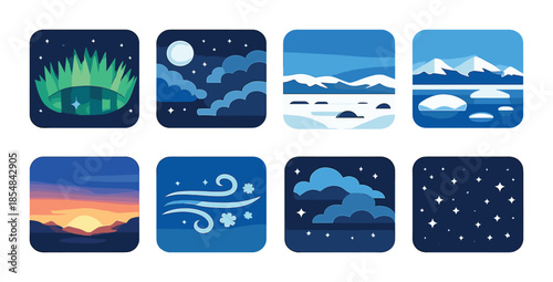 Stylized nature icons: aurora, clouds, snow, sunset, wind, stars