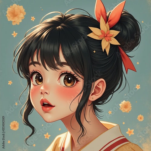AI generated Asian female dressed in kimono surrounded by blooming flowers and soft haze