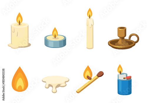 Collection of burning candles, flame, wax, matchstick, and lighter