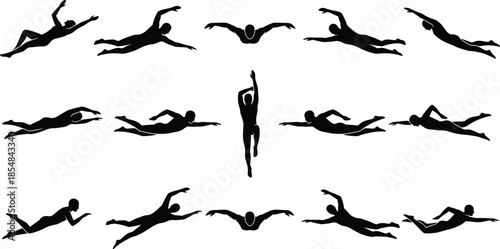 Swimming athlete silhouettes set showing freestyle butterfly dive poses isolated white background vector illustration for sports training design concepts collection