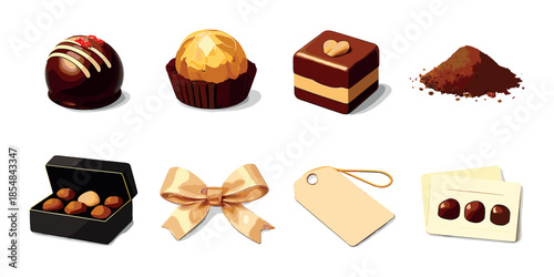 Assorted chocolates and gifts on display with truffle, box, and ribbon