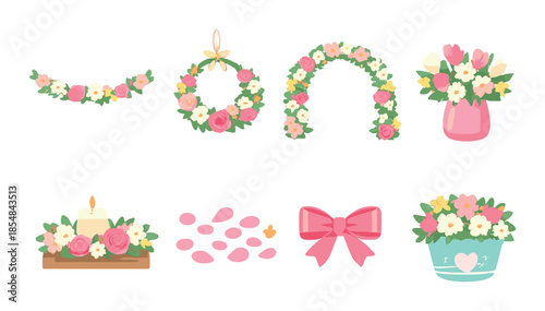 Decorative floral arrangements with candles and bows