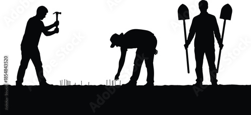 Construction workers silhouette digging ground with tools, teamwork concept, manual labor scene, excavation process, industry workforce illustration, black vector design