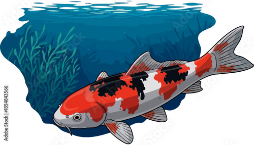 waters masterpiece a vivid koi, embodiment of harmony and flowing prosperity, vector isolated on transparent background