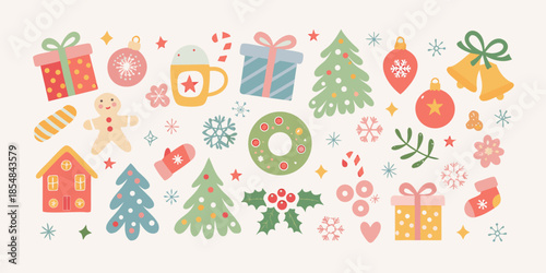 Festive christmas elements including gifts trees and decorations in a colorful style