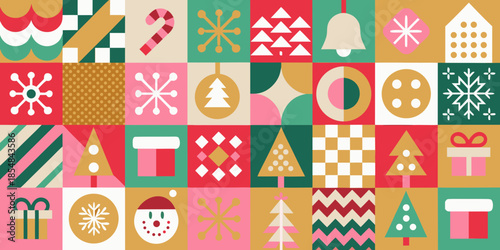 Festive christmas pattern with traditional decorations and vibrant color blocks