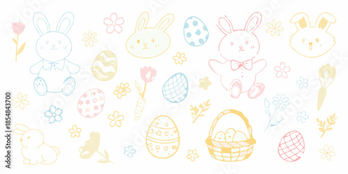 Pastel easter bunnies eggs flowers and a basket create a festive pattern