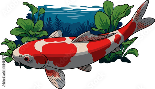 zen ponds heartbeat a vibrant koi, symbol of endurance, thriving in tranquil waters, vector isolated on transparent background