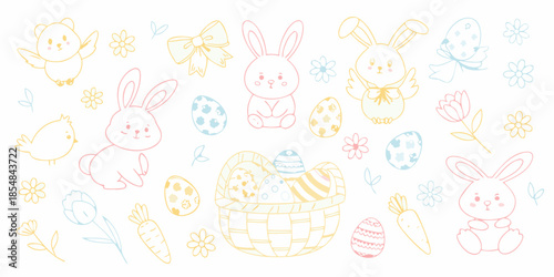 Colorful easter doodles of bunnies chicks eggs and floral elements