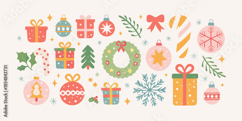 Festive christmas decorations including gifts wreaths ornaments and snowflake designs