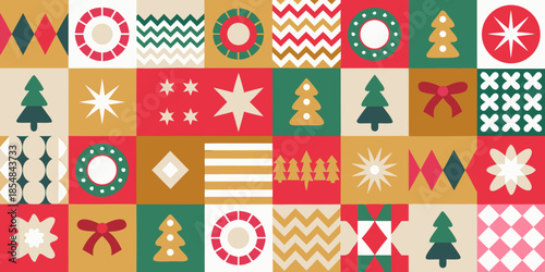 A colorful patchwork of festive christmas patterns and holiday themed designs