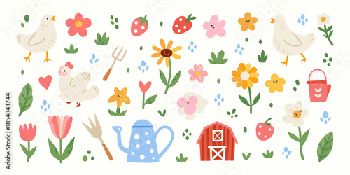 Charming spring illustration featuring chickens flowers fruits and farm elements