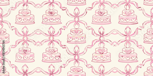 Delicate pink watercolor pattern featuring layered wedding cakes and heart motifs