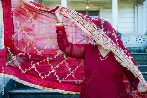 woman in a red dress
