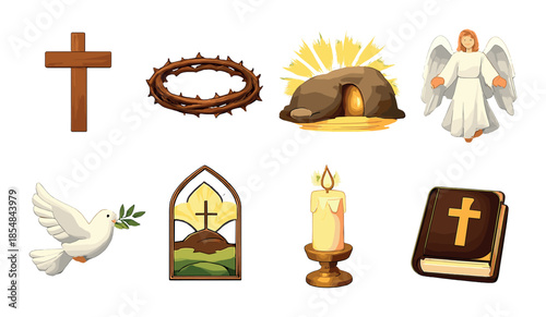 Christian symbols: cross, crown, tomb, angel, dove, stained glass, candle, bible